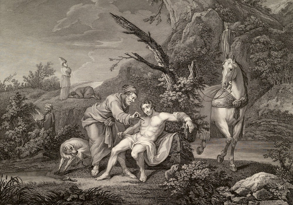 Detail of engraving "The Good Samaritan (St. Luke, Ch. 10, ver. 30)" by Jean Marie Delattre, engraved by Simon Francis Ravenet, published by John Boydell, Feb. 24, 1772 (Metropolitan Museum of Art, Harris Brisbane Dick Fund, 1932) Detail of engraving "The Good Samaritan (St. Luke, Ch. 10, ver. 30)" by Jean Marie Delattre, engraved by Simon Francis Ravenet, published by John Boydell, Feb. 24, 1772 (Metropolitan Museum of Art, Harris Brisbane Dick Fund, 1932)